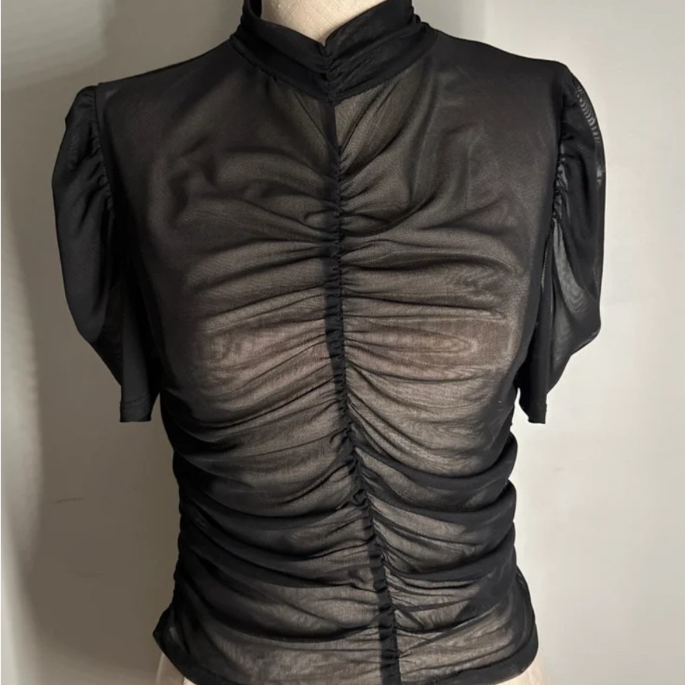 Chic Black Ruched Mesh Blouse